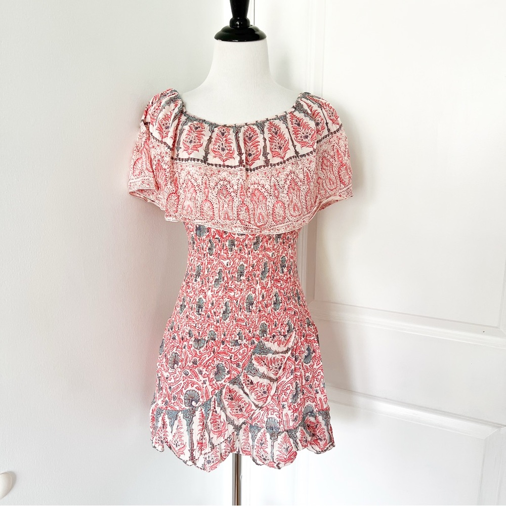 Bell by Alicia Bell Pink and Cream Flutter Sleeve Tiered Silk Mini Dress- XS